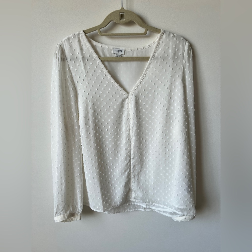 J.Crew White Swiss Dot Long Sleeve Blouse Sheer V-Neck Size L